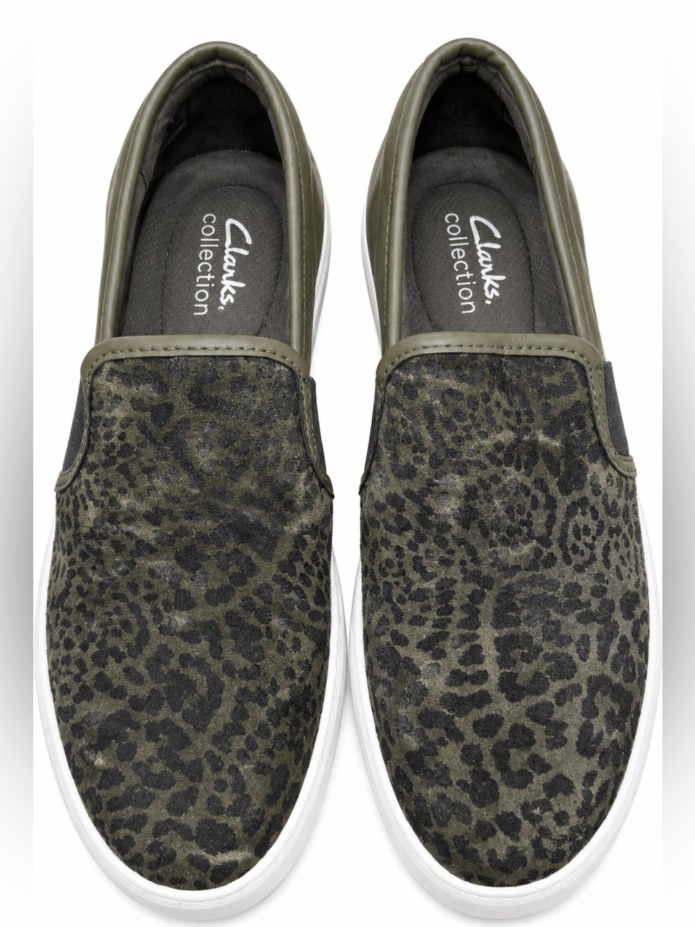 Clarks Olive Green & Black Leopard Slip-On Wedges Size 6.5 W